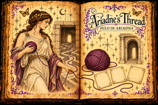 Open aged grimoire illustrating Ariadne holding purple thread beside a maze doorway, with a yarn ball and three blank cards; English and Spanish titles.