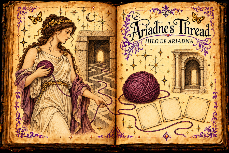 Open aged grimoire illustrating Ariadne holding purple thread beside a maze doorway, with a yarn ball and three blank cards; English and Spanish titles.