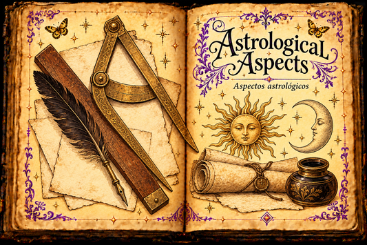 Open aged-parchment grimoire titled Astrological Aspects and Aspectos astrológicos, with ink-and-watercolor drawing tools, a quill, parchment, sun and crescent moon faces, an inkpot, purple flourishes and small gold butterflies.