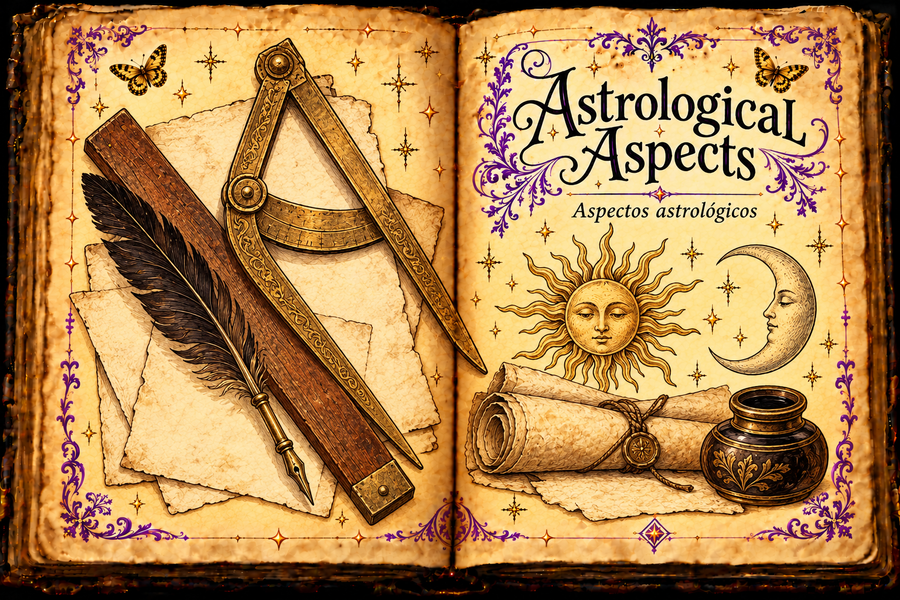 Open aged-parchment grimoire titled Astrological Aspects and Aspectos astrológicos, with ink-and-watercolor drawing tools, a quill, parchment, sun and crescent moon faces, an inkpot, purple flourishes and small gold butterflies.
