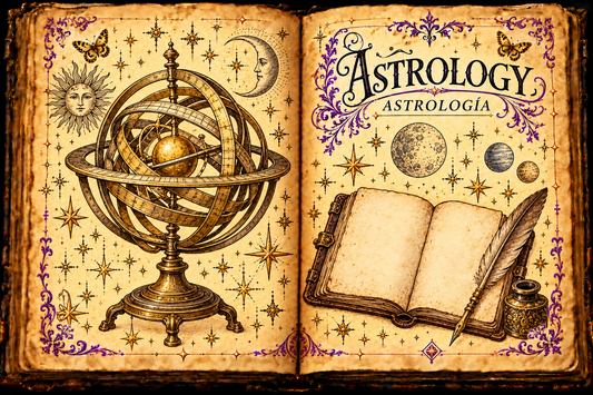 Open aged-parchment grimoire with an armillary sphere, sun and moon studies, a notebook, and the titles Astrology and Astrología.