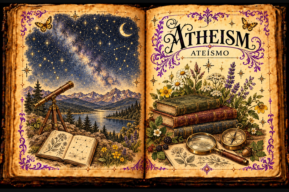 Open aged-parchment grimoire titled Atheism and Ateísmo, with a starry natural horizon, telescope, books, wildflowers, magnifying glass, compass, purple flourishes and gold butterflies.