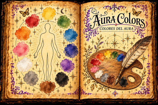 Open aged-parchment grimoire titled Aura Colors and Colores del aura, showing watercolor pigments around a figure outline and an artist’s palette.