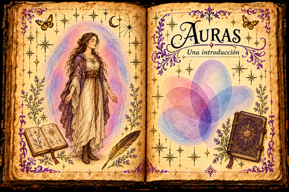 Open aged-parchment grimoire titled Auras and Una introducción, with a clothed figure within a symbolic watercolor oval, journals and a quill.