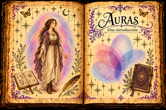 Open aged-parchment grimoire titled Auras and Una introducción, with a clothed figure within a symbolic watercolor oval, journals and a quill.