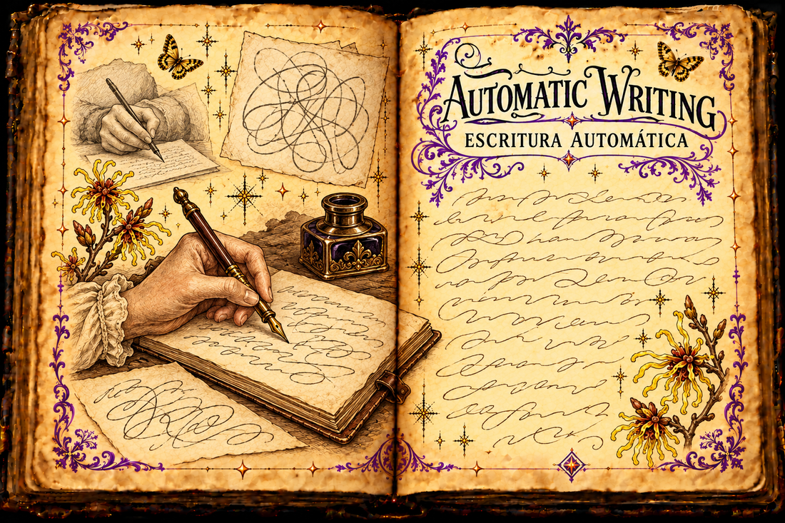 Open aged-parchment grimoire illustration for Automatic Writing / Escritura automática, with hands writing, an inkwell, purple flourishes, and gold butterflies