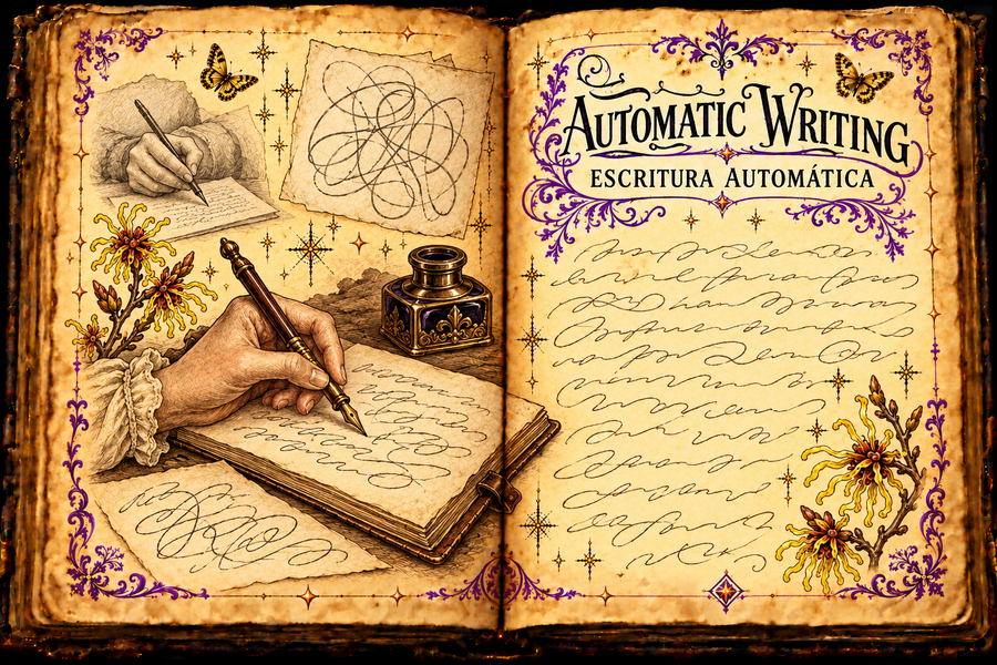 Open aged-parchment grimoire illustration for Automatic Writing / Escritura automática, with hands writing, an inkwell, purple flourishes, and gold butterflies