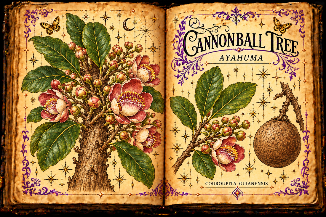 Hand-drawn open grimoire study of cannonball tree leaves, flowers, and fruit, titled Cannonball Tree / Ayahuma