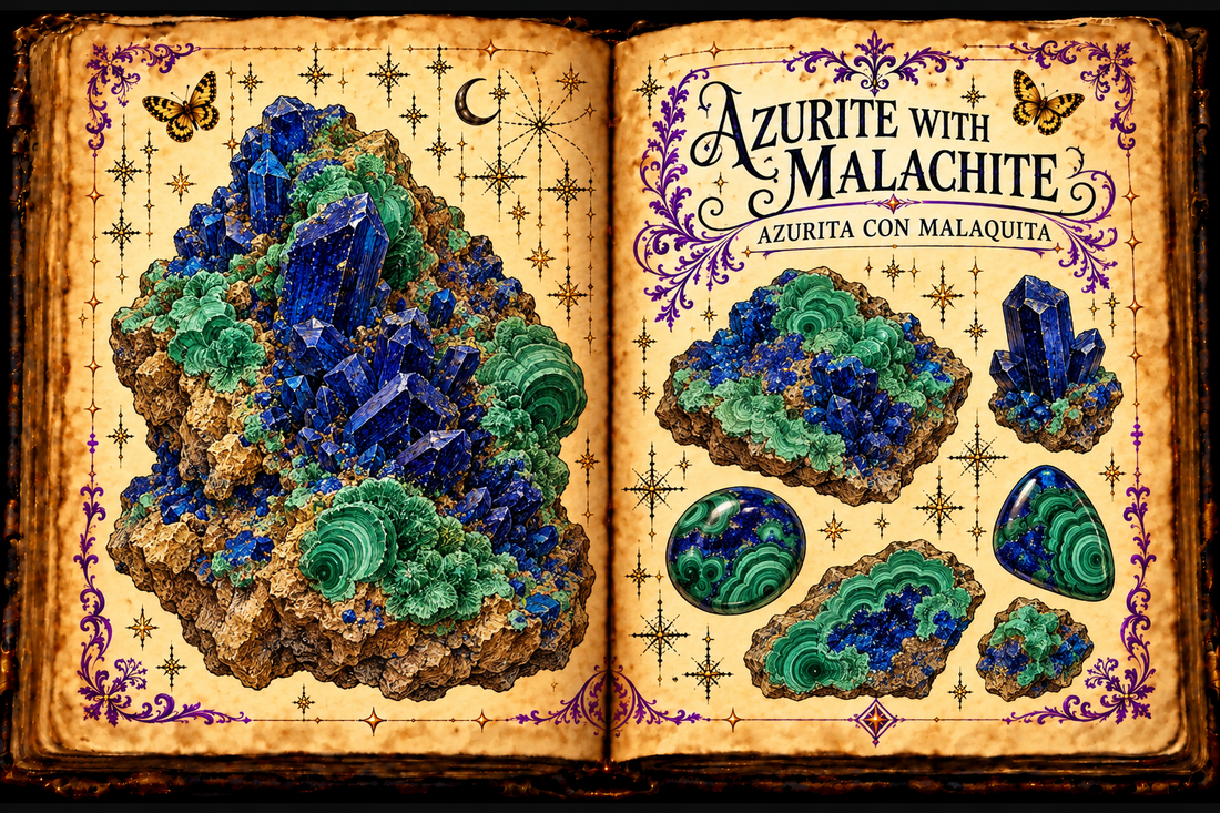 Open aged grimoire illustration of Azurite with Malachite / Azurita con Malaquita in blue and green mineral studies