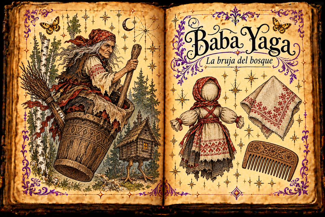 Open aged grimoire showing Baba Yaga in a wooden mortar with pestle and broom, a hut on chicken legs, and small cloth-doll studies, with English and Spanish titles.