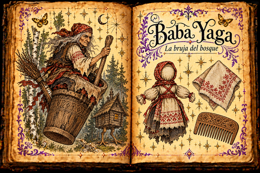Open aged grimoire showing Baba Yaga in a wooden mortar with pestle and broom, a hut on chicken legs, and small cloth-doll studies, with English and Spanish titles.