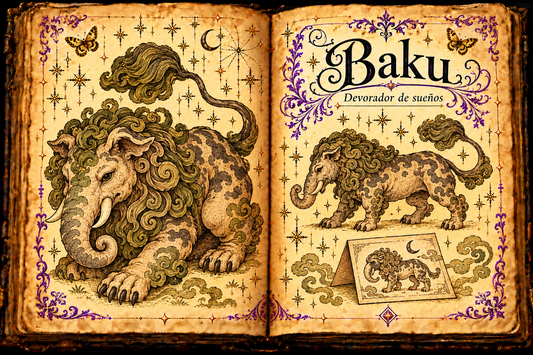 Open aged-parchment grimoire showing a mythical baku with curled trunk, strong paws and tufted tail, titled Baku / Devorador de sueños, with purple flourishes and gold butterflies.