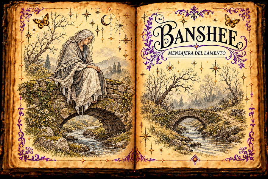 Open aged grimoire depicting a sorrowful grey-haired woman in a shawl beside an Irish stone bridge, with the titles Banshee and Mensajera del lamento.