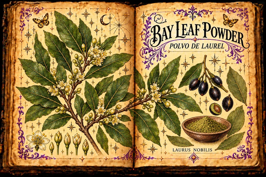 Open aged-parchment grimoire with bay laurel branches, flowers, dark drupes, whole leaves and contained bay leaf powder; titled Bay Leaf Powder and Polvo de Laurel.