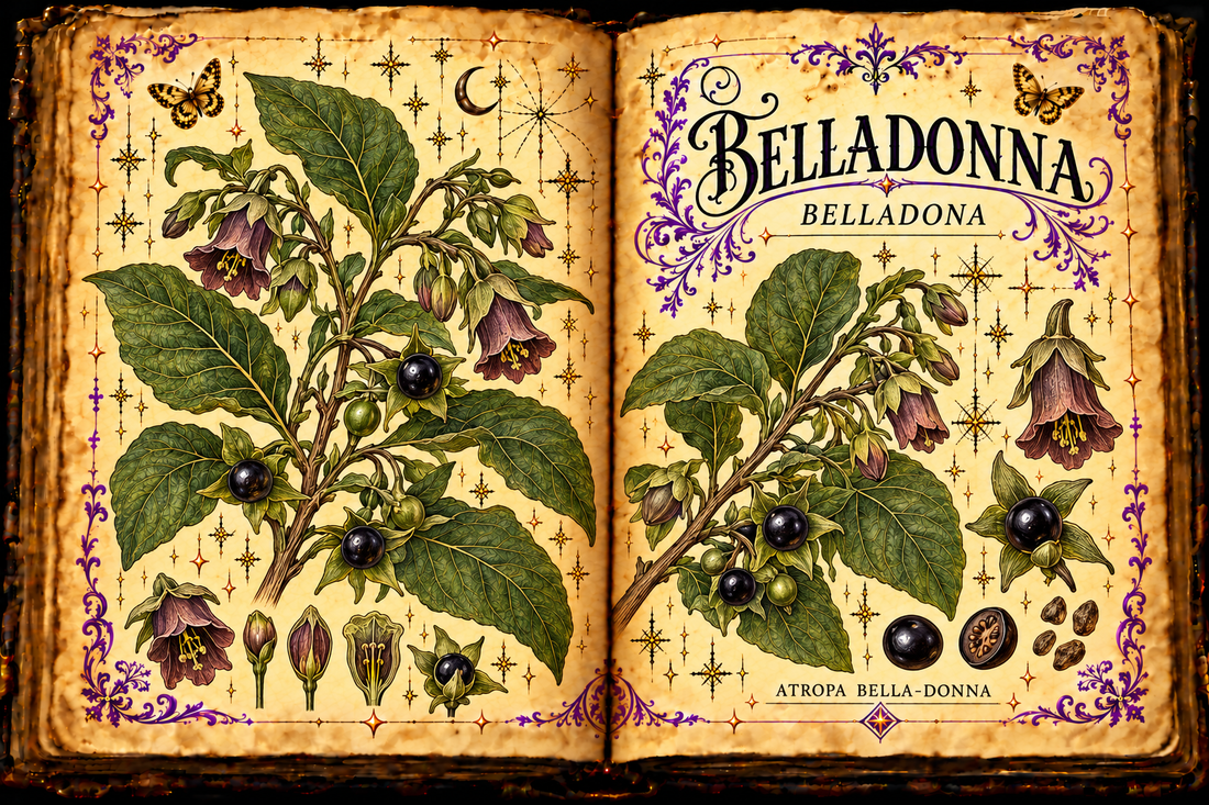 Open grimoire illustration of Belladonna (Atropa bella-donna), also titled Belladona