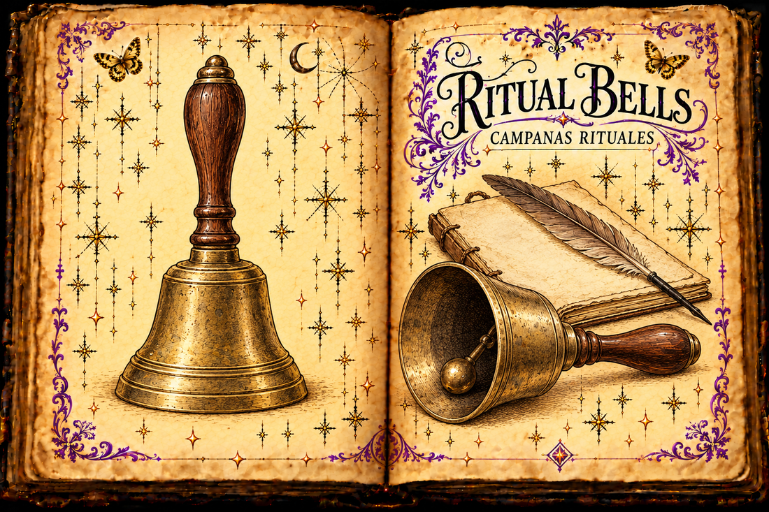 Open aged-parchment grimoire showing studies of a plain brass handbell and a notebook, titled Ritual Bells and Campanas rituales.