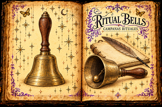Open aged-parchment grimoire showing studies of a plain brass handbell and a notebook, titled Ritual Bells and Campanas rituales.