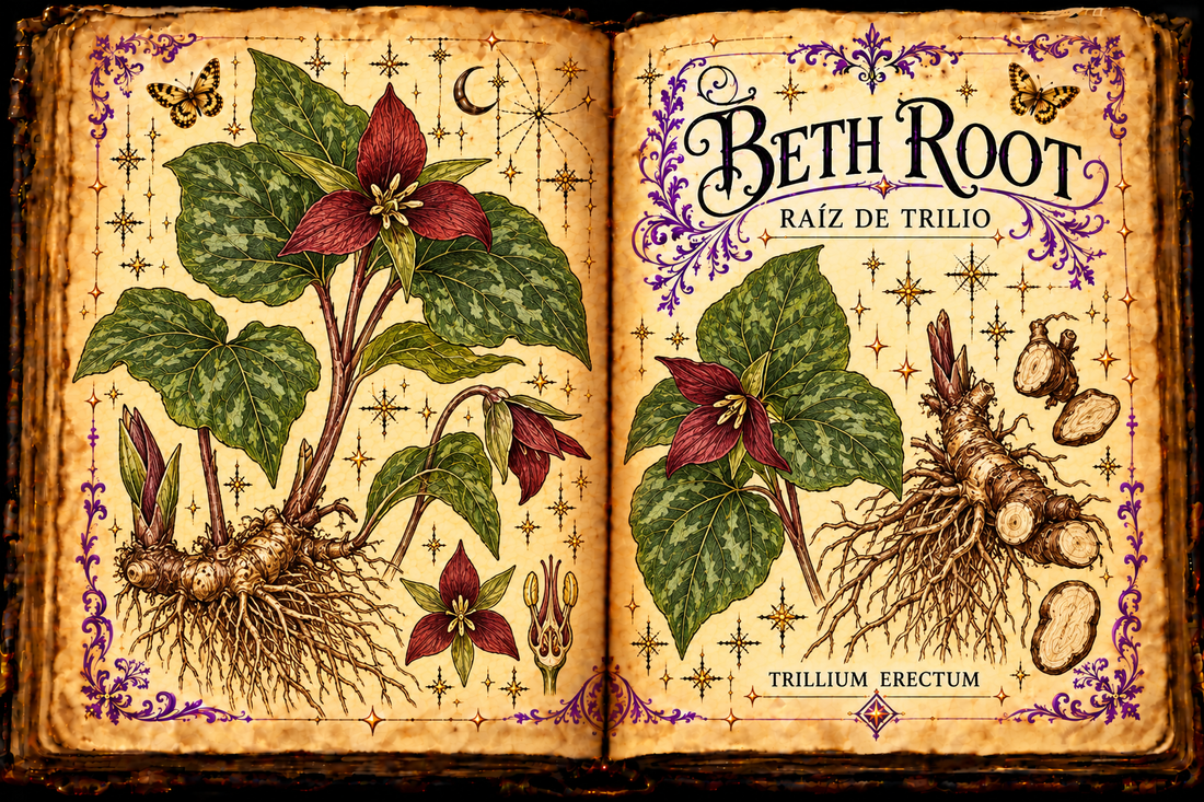 Open aged grimoire botanical study of Beth root and red trillium, titled in English and Spanish
