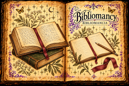 Open aged-parchment grimoire titled Bibliomancy / Bibliomancia, with ink-and-watercolor studies of books, ribbon bookmarks and a reading journal, purple flourishes and small gold butterflies.