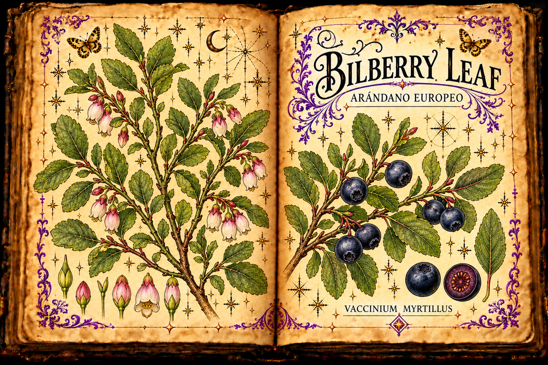 Open aged-parchment grimoire with hand-drawn Vaccinium myrtillus stems, small green leaves, pink urn-shaped flowers and blue-black berries, purple flourishes and gold butterflies, titled Bilberry Leaf and Arándano Europeo
