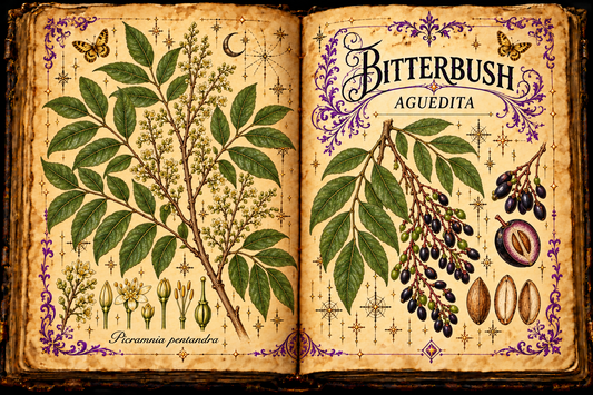 Open aged-parchment grimoire with a hand-drawn Picramnia pentandra shrub, compound leaves, small flowers and dark berries, purple flourishes, and gold butterflies, titled Bitterbush and Aguedita