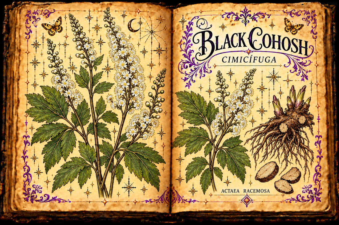 Hand-drawn open grimoire study of black cohosh leaves, white flower racemes, and roots, titled Black Cohosh / Cimicífuga