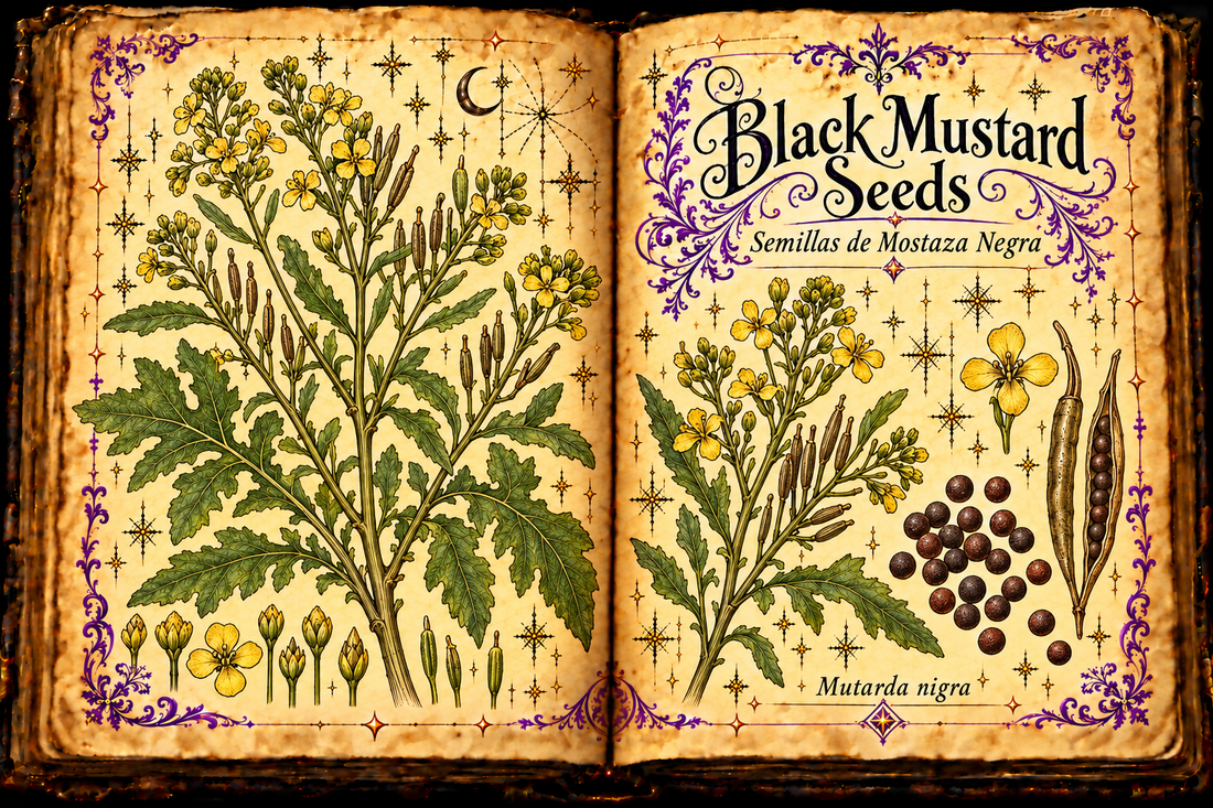 Open aged-parchment grimoire showing black mustard flowering stems, slender upright pods and dark round seeds; Black Mustard Seeds and Semillas de Mostaza Negra titles.