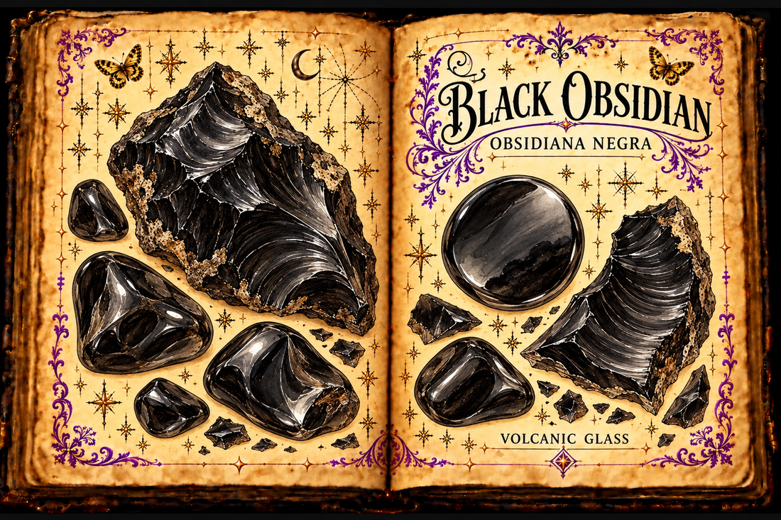 Open aged grimoire illustration of Black Obsidian / Obsidiana Negra with raw volcanic glass and polished stones