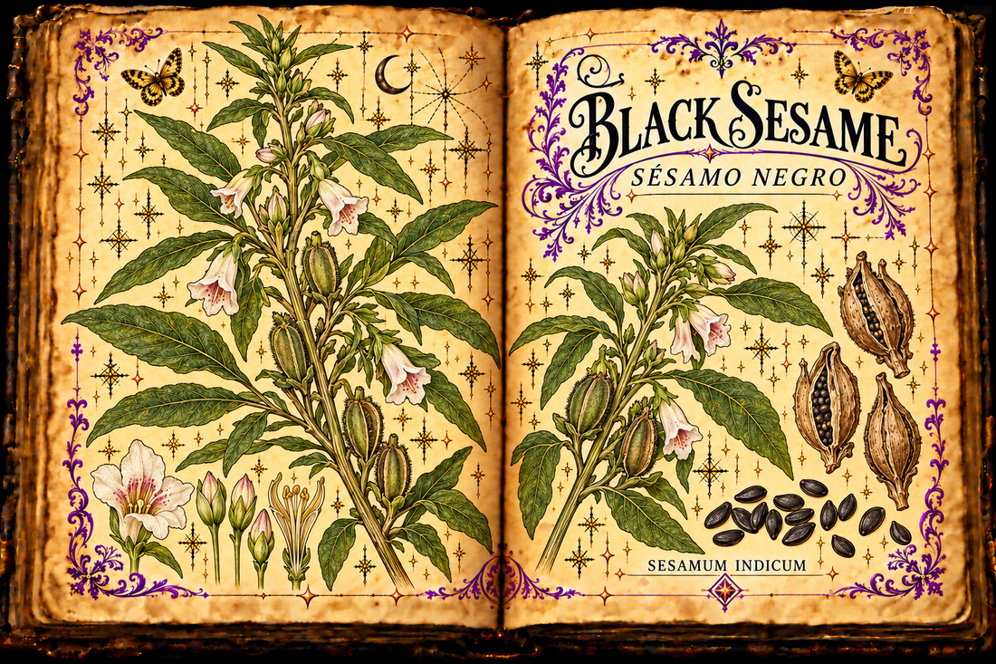 Hand-drawn open grimoire study of sesame plant, capsules, and black seeds, titled Black Sesame / Sésamo Negro