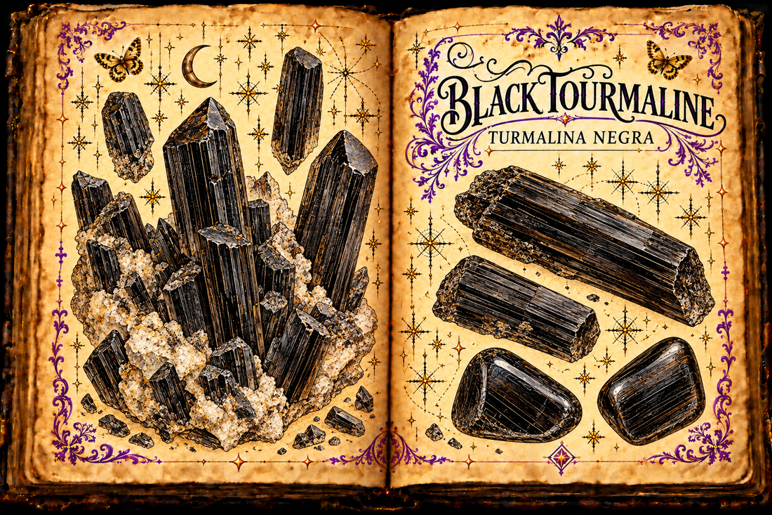 Open aged-parchment grimoire with ink-and-watercolor studies of striated black tourmaline crystals and tumbled stones, titled Black Tourmaline and Turmalina Negra.