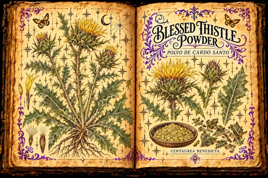 Open aged-parchment grimoire with blessed thistle rosette, spiny leaves, yellow flower heads, dried fragments and contained powder; titled Blessed Thistle Powder and Polvo de Cardo Santo.