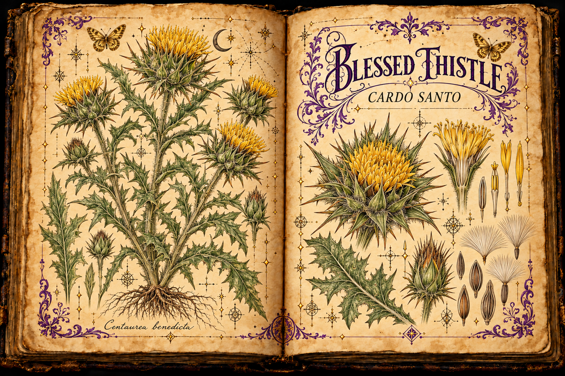 Open aged-parchment grimoire with hand-drawn Centaurea benedicta, hairy lobed leaves, yellow flower heads, prickly bracts, seeds, purple flourishes, and gold butterflies, titled Blessed Thistle and Cardo Santo
