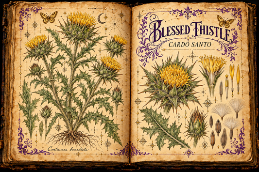 Open aged-parchment grimoire with hand-drawn Centaurea benedicta, hairy lobed leaves, yellow flower heads, prickly bracts, seeds, purple flourishes, and gold butterflies, titled Blessed Thistle and Cardo Santo