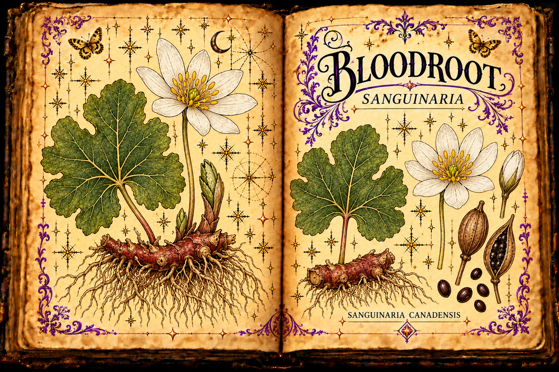 Open aged-parchment grimoire with hand-drawn Sanguinaria canadensis white flowers, lobed leaves and red-brown rhizome, purple flourishes and gold butterflies, titled Bloodroot and Sanguinaria