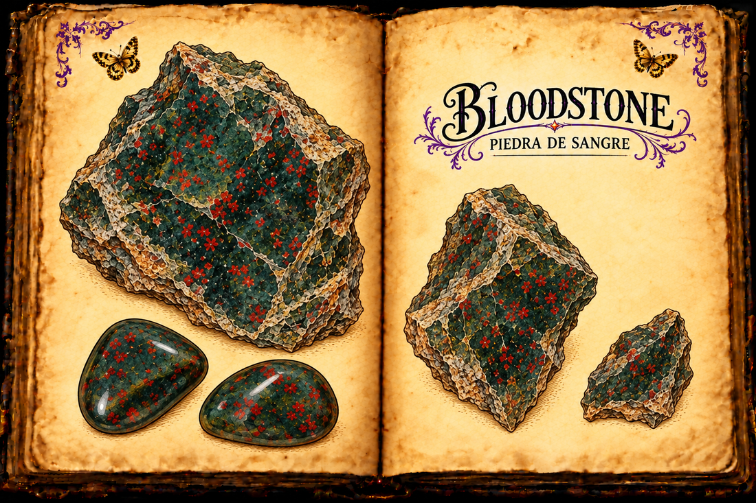 Open aged-parchment grimoire with ink and watercolor studies of dark green bloodstone rough and tumbled stones with red inclusions, titled Bloodstone and Piedra de Sangre.