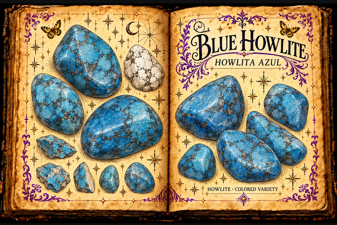Open aged grimoire illustration of Blue Howlite / Howlita Azul with blue colored tumbles and a natural white howlite nodule