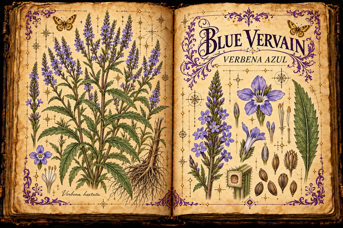Open aged-parchment grimoire with hand-drawn Verbena hastata, upright violet-blue flower spikes, toothed opposite leaves, botanical details, purple flourishes, and gold butterflies, titled Blue Vervain and Verbena Azul