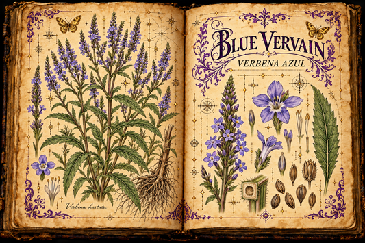 Open aged-parchment grimoire with hand-drawn Verbena hastata, upright violet-blue flower spikes, toothed opposite leaves, botanical details, purple flourishes, and gold butterflies, titled Blue Vervain and Verbena Azul