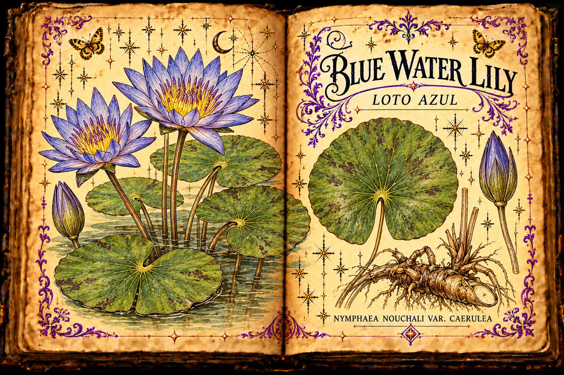 Open aged-parchment grimoire with hand-drawn blue water lilies, notched floating leaves, rhizome study, purple flourishes and gold butterflies, titled Blue Water Lily and Loto Azul