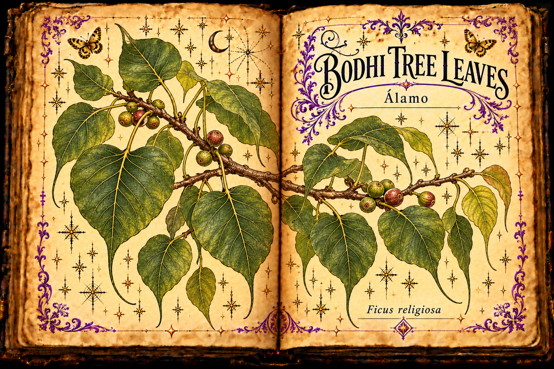 Open aged-parchment grimoire botanical study of Bodhi tree leaves (Álamo), Ficus religiosa, with long drip-tip leaves and small figs.