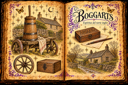 Open aged-parchment grimoire titled Boggarts / Espíritus del norte inglés, with ink-and-watercolor studies of a butter churn on a farm cart, stone cottages, and a keepsake box, framed by purple flourishes and gold butterflies.