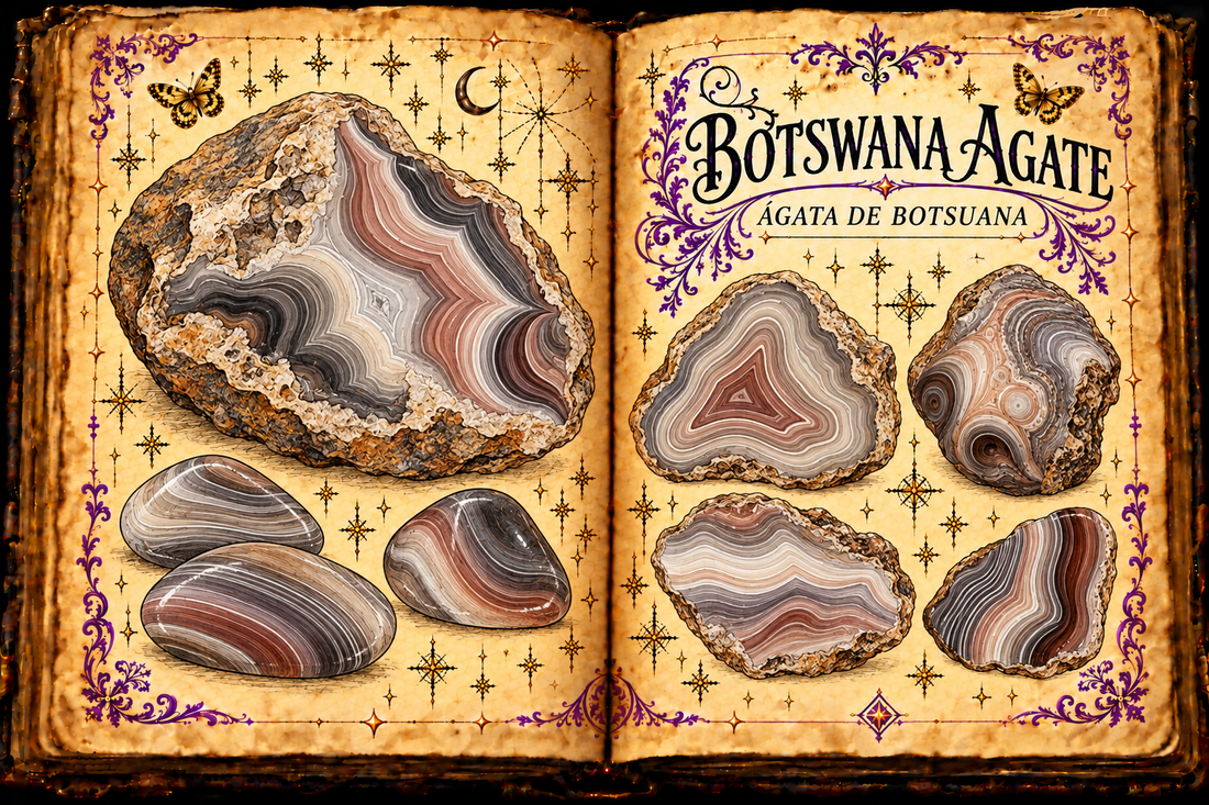 Botswana Agate (Ágata de Botsuana) shown as finely banded nodules, cut faces, and tumbled stones in an aged open-grimoire illustration.