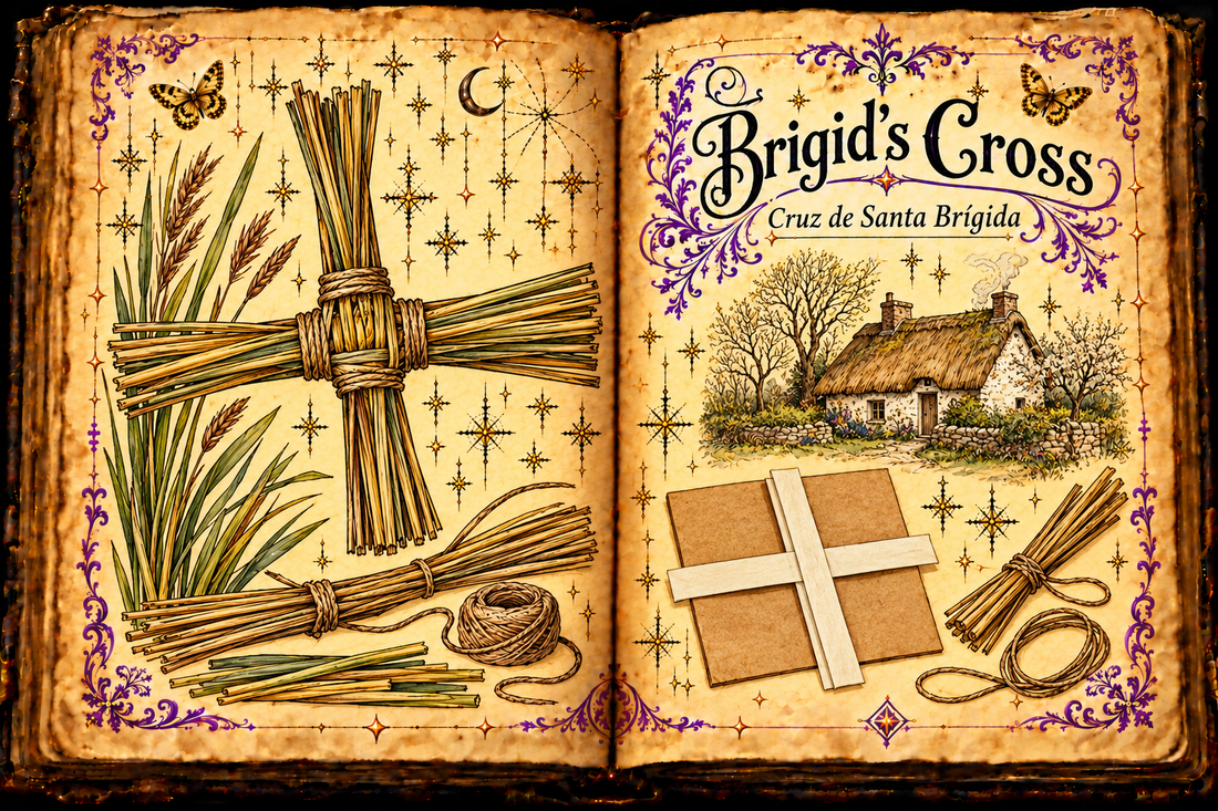 Open aged grimoire showing a simple tied straw cross, rushes, a cottage, and a two-strip paper cross, titled Brigid’s Cross and Cruz de Santa Brígida.
