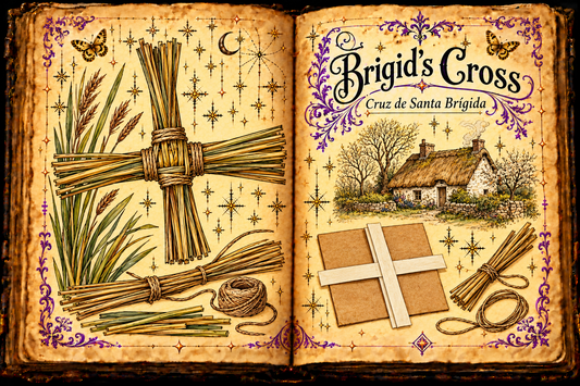 Open aged grimoire showing a simple tied straw cross, rushes, a cottage, and a two-strip paper cross, titled Brigid’s Cross and Cruz de Santa Brígida.
