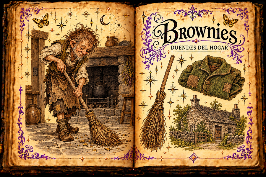 Open parchment grimoire titled Brownies / Duendes del hogar, with a shaggy household sprite sweeping a Scottish cottage and a folded green coat.
