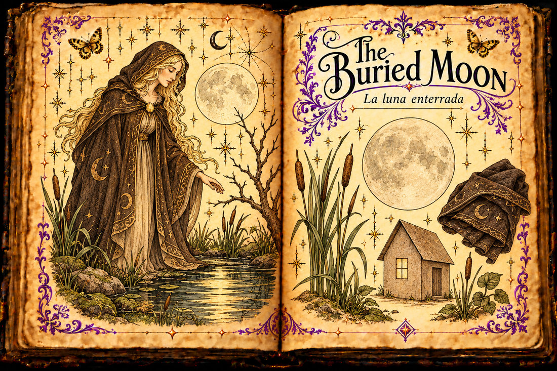 Open parchment grimoire titled The Buried Moon / La luna enterrada, showing a cloaked Moon figure beside a wetland, moon discs, folded cloth and a paper house.