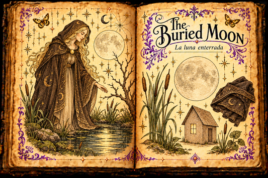 Open parchment grimoire titled The Buried Moon / La luna enterrada, showing a cloaked Moon figure beside a wetland, moon discs, folded cloth and a paper house.