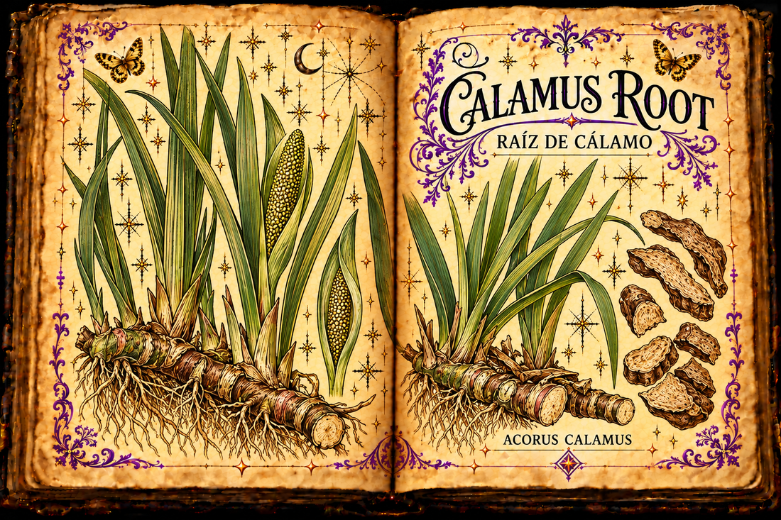 Open aged-parchment grimoire illustration of calamus root, Raíz de Cálamo, Acorus calamus, with swordlike leaves, spadix, rhizomes, purple flourishes, and gold butterflies.