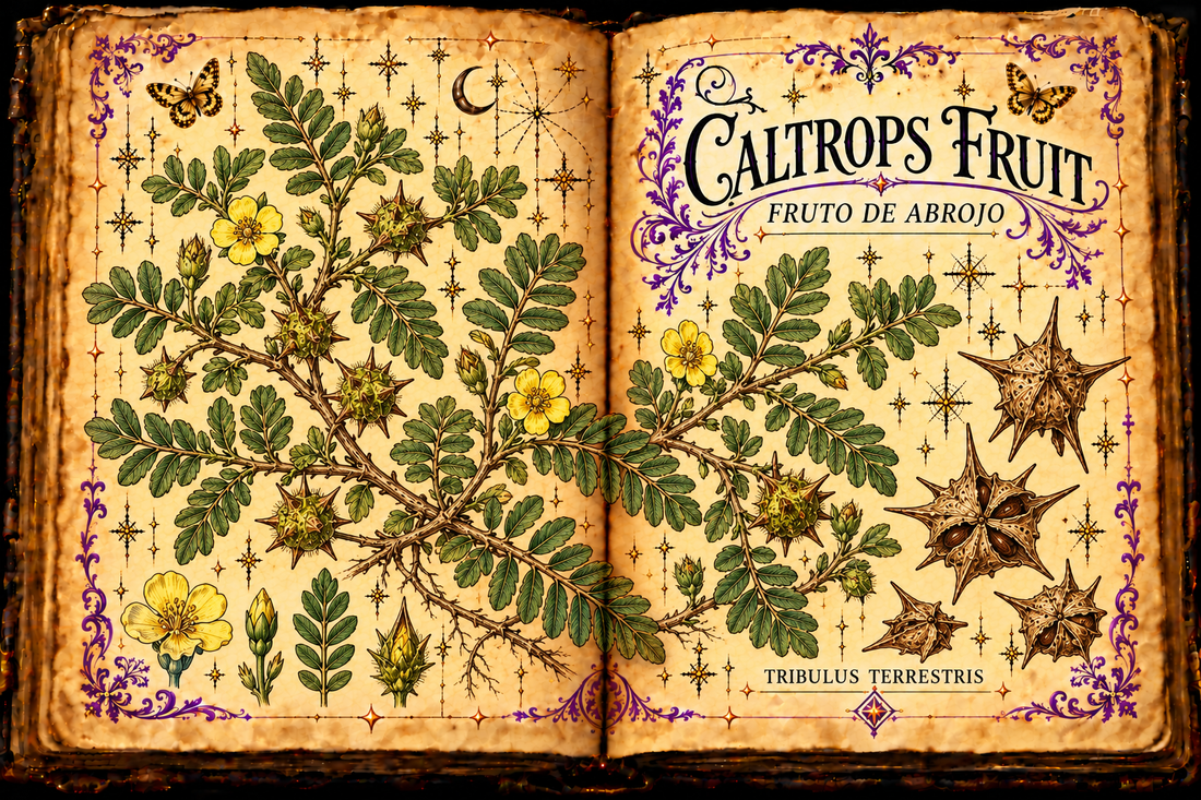 Open aged-parchment grimoire illustration of Caltrops Fruit / Fruto de Abrojo (Tribulus terrestris), showing the prostrate vine, yellow flowers and spiny dried fruits.