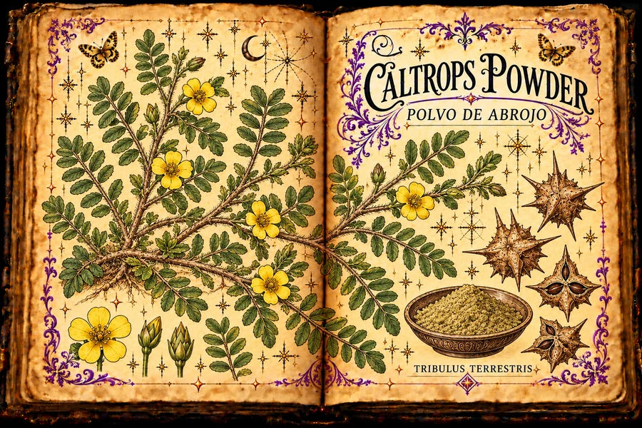 Open aged-parchment grimoire with prostrate caltrops stems, paired leaflets, yellow flowers, spiny burs and contained powder; titled Caltrops Powder and Polvo de Abrojo.